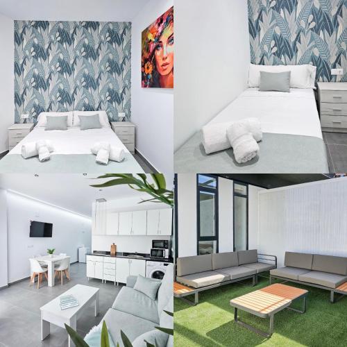 a bedroom with a bed and a living room at Ro's Lil Suites San Juan Alicante in Alicante