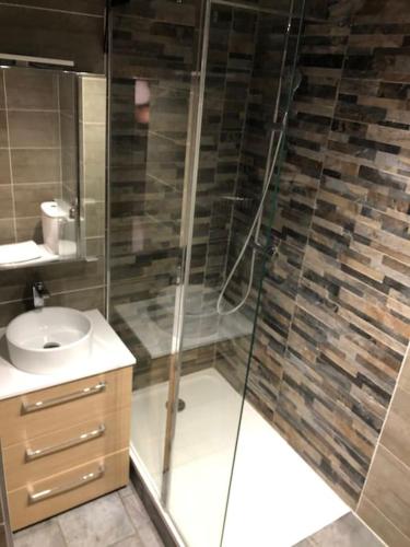 une salle de bain avec douche et lavabo dans l'établissement Au calme entre les pins a 300m de la plage, à Argelès-sur-Mer