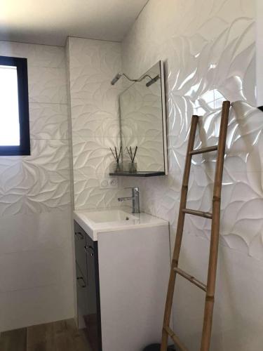 La salle de bains est pourvue d'un lavabo, d'un miroir et d'une échelle. dans l'établissement Casa corsica, à Pianottoli-Caldarello