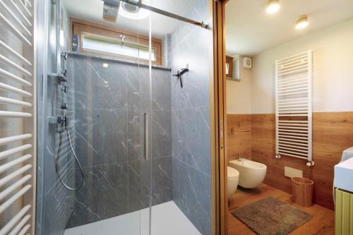 a bathroom with a glass shower with a toilet at Le rêve d'Emilie - Family house in Valtournenche