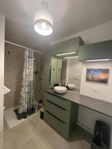 une salle de bain avec un lavabo et une douche dans l'établissement Appartement en rez-de-jardin, à Lacanau