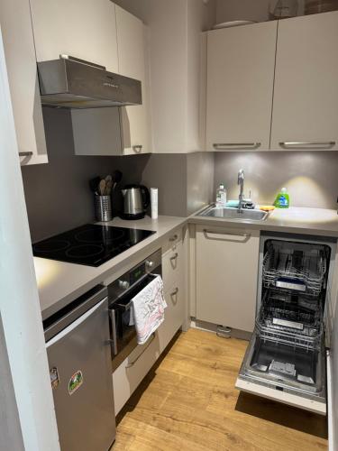 Una cocina con gabinetes blancos y lavavajillas. en Chamonix city center rue Paccard, en Chamonix-Mont-Blanc