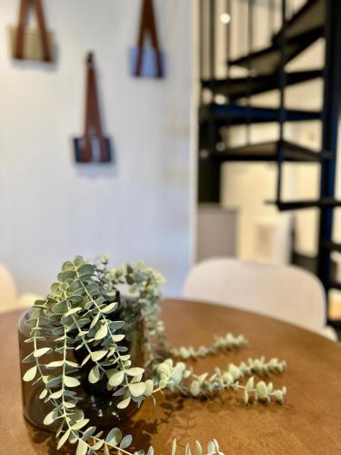 a plant sitting on top of a wooden table at Das Alpenzeit Loft mit Balkon und Grimmingblick in Bad Mitterndorf
