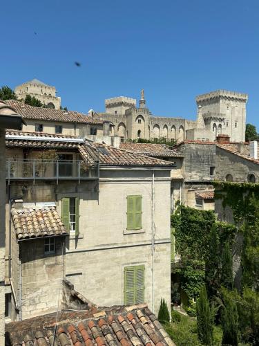 an old building with a castle in the background at Hôtel Le Médiéval Palais des Papes in Avignon