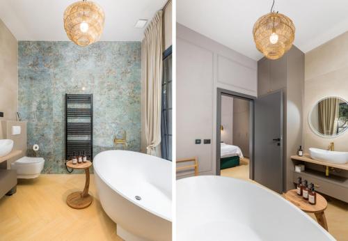 two pictures of a bathroom with a tub and a bedroom at Villa St Hedonist by Villsy in Poljane