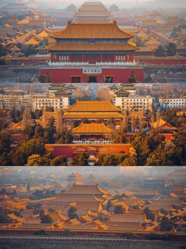 two photographs of a chinese city with buildings at Jingfang Building Boutique Smart Hotel - near Beijing Tiananmen Square,the Forbidden City,Wangfujing Street in Beijing