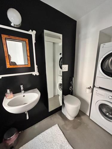 a bathroom with a sink and a washing machine at Bon Bon XX Settembre in Asti
