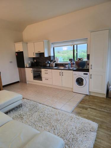 a kitchen with white cabinets and a washer and dryer at Teachín an tSrutháin in Galway