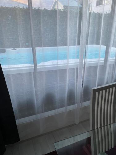 a window with white curtains with a dog sitting behind it at Bayside Retreat in Newport