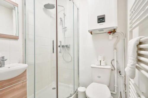une salle de bain avec une douche, des toilettes et un lavabo dans l'établissement Cozy studio near Paris, à Clichy