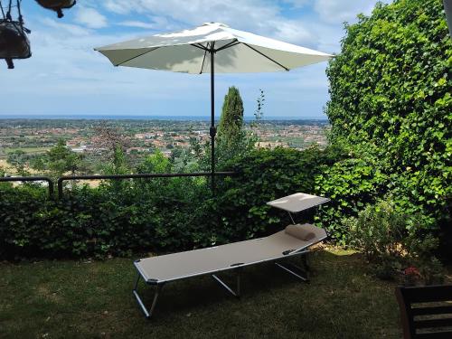 a white bench with an umbrella on the grass at Belvedere 10 in Pietrasanta