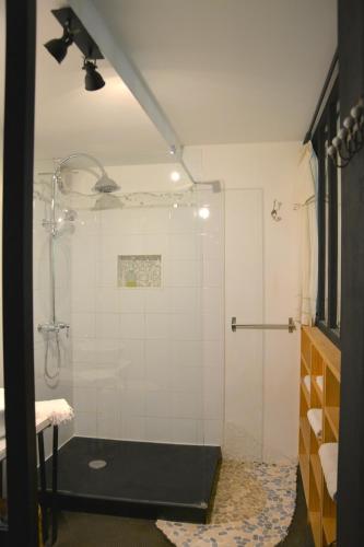 a bathroom with a shower with a glass door at la maison in Libourne
