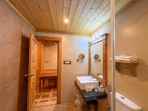 a bathroom with a sink and a mirror at Shivadya - A Luxury Boutique Experience in Manāli