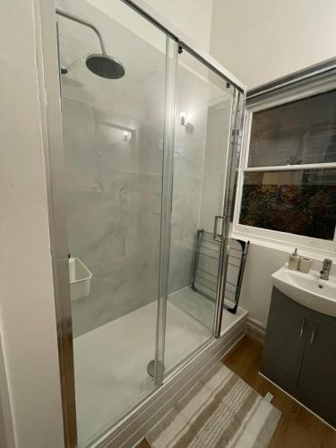 a glass shower in a bathroom with a sink at One Bedroom Flat B in Kentish Town in London