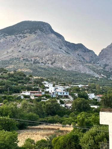 a view of a town with a mountain in the background at Petros & Eirini Home in Zarós