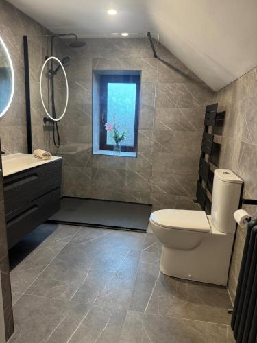 a bathroom with a toilet and a sink and a window at Modern Coastal Cottage in Killybegs