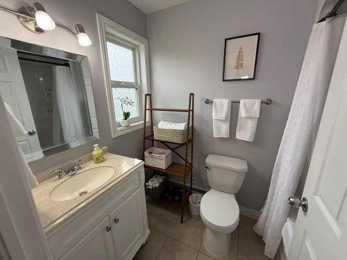 a bathroom with a sink and a toilet and a mirror at Tranquil Riverside Abode in Cornwall