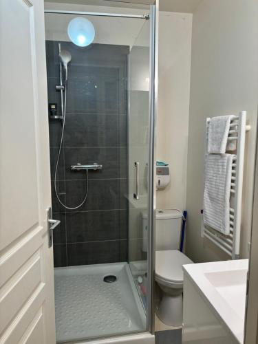 une salle de bain avec une douche en verre et des toilettes dans l'établissement Studio Élégance, à Neuilly-sur-Seine