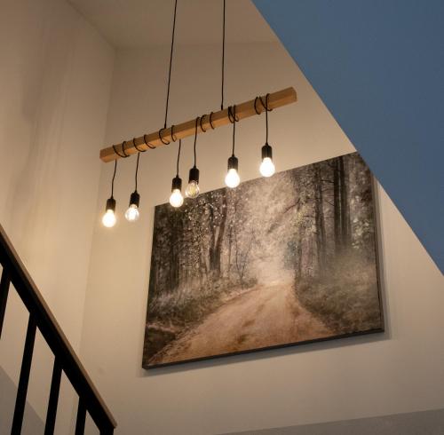 a painting hanging on a wall with lights on it at B&B Mio Nonno Rooms Ljubljana Ex Bizeljčan Rooms in Ljubljana