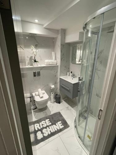 a bathroom with a toilet and a glass shower at Two Bedroom Flat C in Kentish Town in London