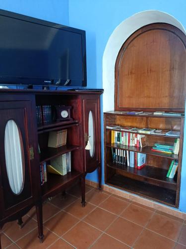 a living room with a tv and book shelves at Casa rural Finca Galapero in Alcántara