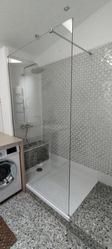La salle de bains est pourvue d'une douche en verre et d'un lave-linge. dans l'établissement Location saisonnière Maison Pointe Rouge Marseille 8, à Marseille
