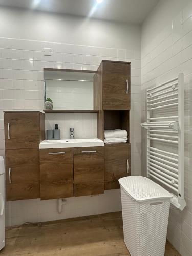 une salle de bain avec un lavabo et un miroir dans l'établissement Belle vue - Appartement panoramique, au Puy-en-Velay