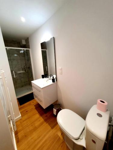 une salle de bain blanche avec des toilettes et un lavabo dans l'établissement L'ATELIER I Neuf I Parking Gratuit I Proche Mer, à Saint-Brieuc