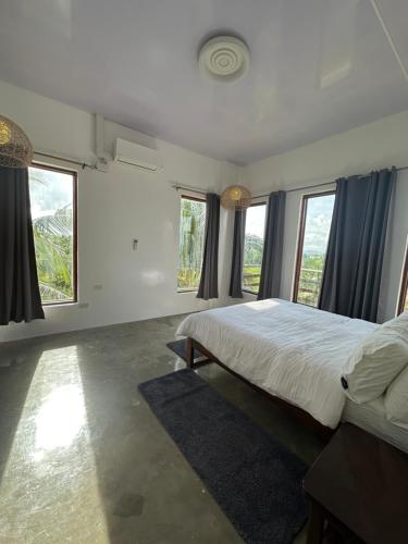 1 dormitorio con 1 cama grande y algunas ventanas en Borjs Mountain Mist, en Pilar