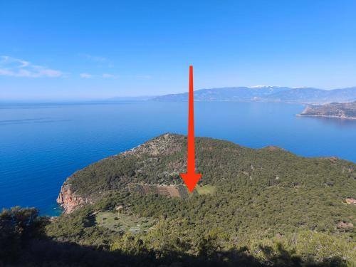 an island with a red arrow on top of it at Gelidonia Fenerium Holiday Home in Antalya