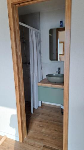 a bathroom with a sink and a shower curtain at Casa Lago Azzurro Atelier in Cannobio