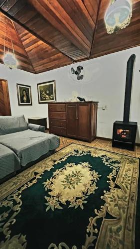 a bedroom with a bed and a rug on the floor at Chalés Tia Nastácia in Monteiro Lobato