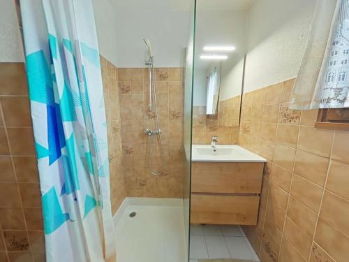 une salle de bain avec douche et lavabo dans l'établissement Studio cabine 5 pers, proche patinoire et pistes, Le Grand-Bornand - FR-1-241-45, au Grand-Bornand