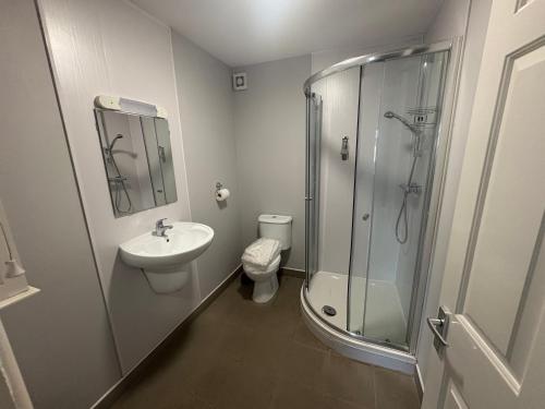 łazienka z prysznicem, umywalką i toaletą w obiekcie Rathlin Apartment - 2 Bedroom with Hot Tub w mieście Ballycastle