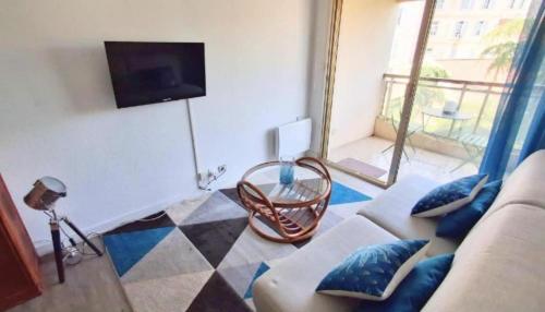 Televízia a/alebo spoločenská miestnosť v ubytovaní L'ILOT avec balcon, mignon et charmant, un havre de paix au cœur du centre-ville