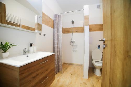 a bathroom with a sink and a toilet at apartmány MAJKA in Holíč