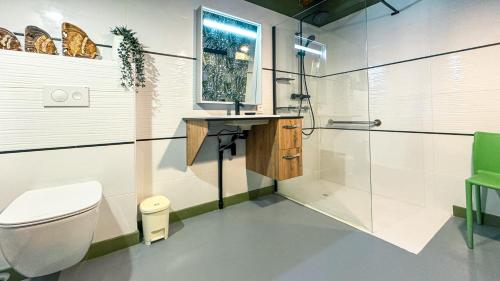 une salle de bain avec toilettes, lavabo et douche dans l'établissement Loft haut de gamme avec jacuzzi à Trélévern, à Trélévern
