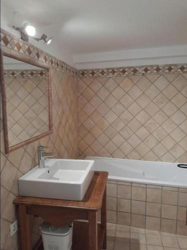 une salle de bain avec un lavabo et une baignoire dans l'établissement Les Flamants roses, à Saintes-Maries-de-la-Mer