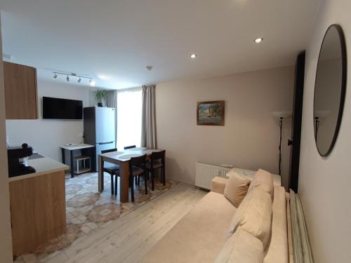 ニダにあるAudringaのソファのあるリビングルームとテーブルのあるキッチン