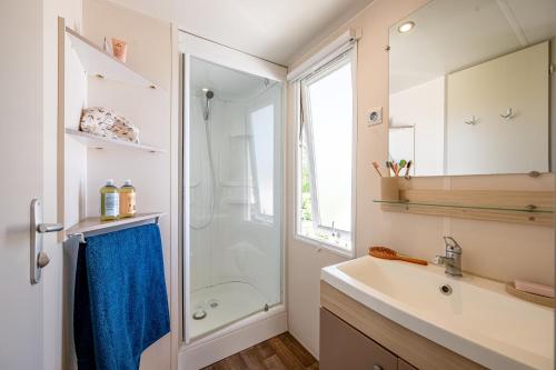 une salle de bain avec douche et lavabo dans l'établissement Camping les bo-bains, à Badefols-sur-Dordogne