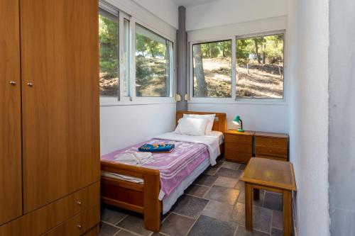 a small bedroom with a bed and two windows at Melissa Gold Coast in Psakoudia