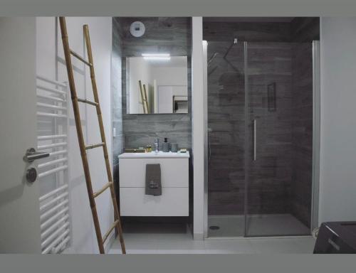 La salle de bains est pourvue d'une douche, d'un lavabo et d'une échelle. dans l'établissement T2 Cosy avec Terrasse et Jardinet, à La Rochelle