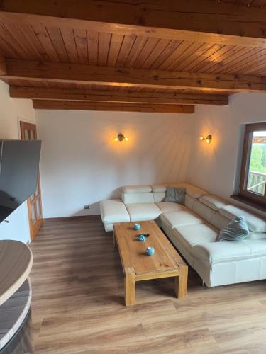 a living room with a couch and a coffee table at Panorama House Lipno in Jenišov