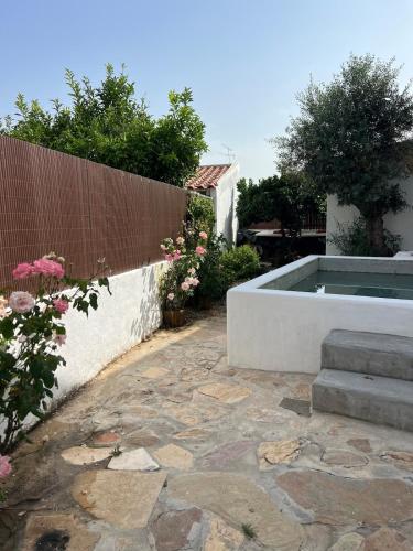 a backyard with a swimming pool and a fence at Villa Nooma Alentejo in Vila Fernando