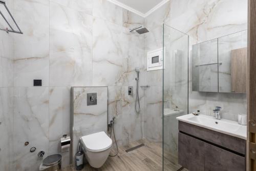 a bathroom with a toilet and a shower and a sink at Carolina Apartment's in Zilotí
