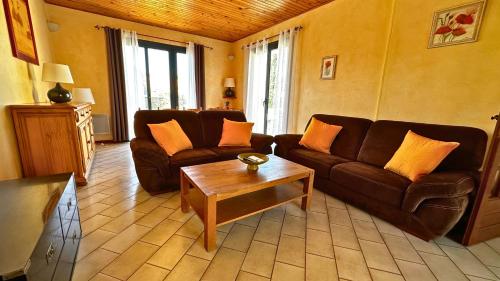 un salon avec un canapé et une table basse dans l'établissement La Villa du Claus avec Jacuzzi, Jardin et BBQ, à Saint-Mathieu-de-Tréviers