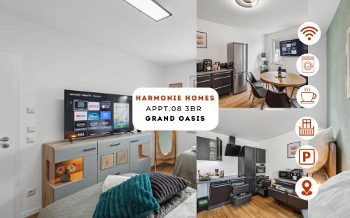 a collage of photos of a bedroom and a living room at Harmonie Homes - Built in 2025 - Hotel-Quality Beds & Linen - Full Kitchen - Fiber WiFi - 4K Smart TV - 2 Balconies - Elevator - Free Private Parking - Near Augsburg - 20 Min via Autobahn to Munich-West in Dasing
