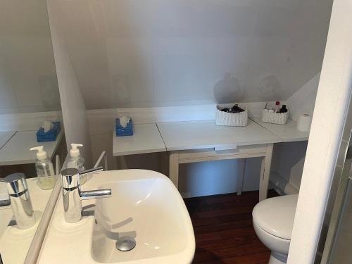 une salle de bain avec un lavabo blanc et des toilettes dans l'établissement Maison familiale vue mer - jardin arboré, à Douarnenez