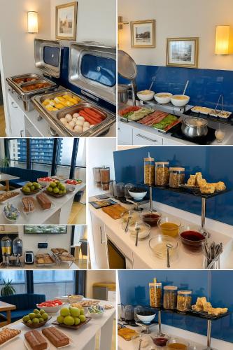 a collage of photos of a kitchen with food at Orbi City - Sea View Aparthotel in Batumi in Batumi