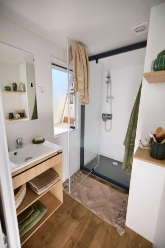 une salle de bain avec douche et lavabo dans l'établissement Camping Le Clos Des Pins, à Longeville-sur-Mer